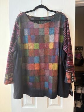 John Mark Multicolor Patchwork Knit Pullover with Patterned Sleeves
